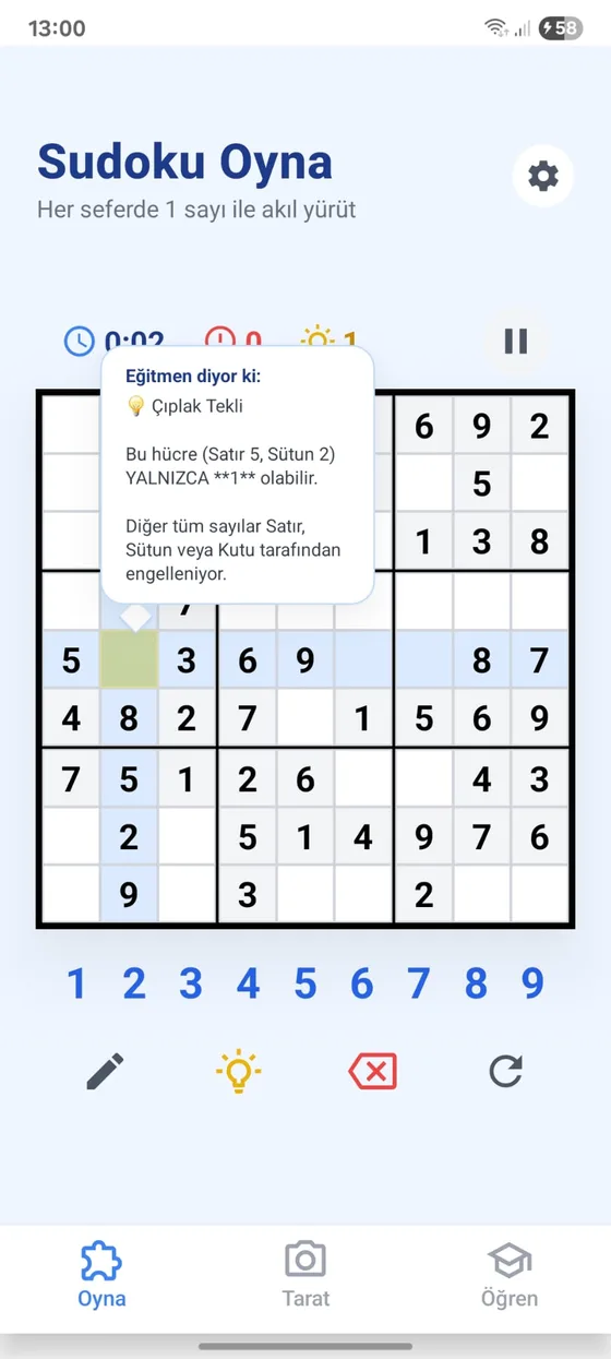 Tutor Sudoku uygulama ekran görüntüsü
